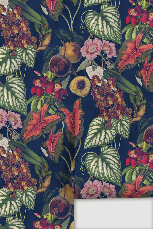 Wallpaper Cali Tropicale Navy botanical pattern with tropical leaves and flowers on Tampa Home & Garden Store