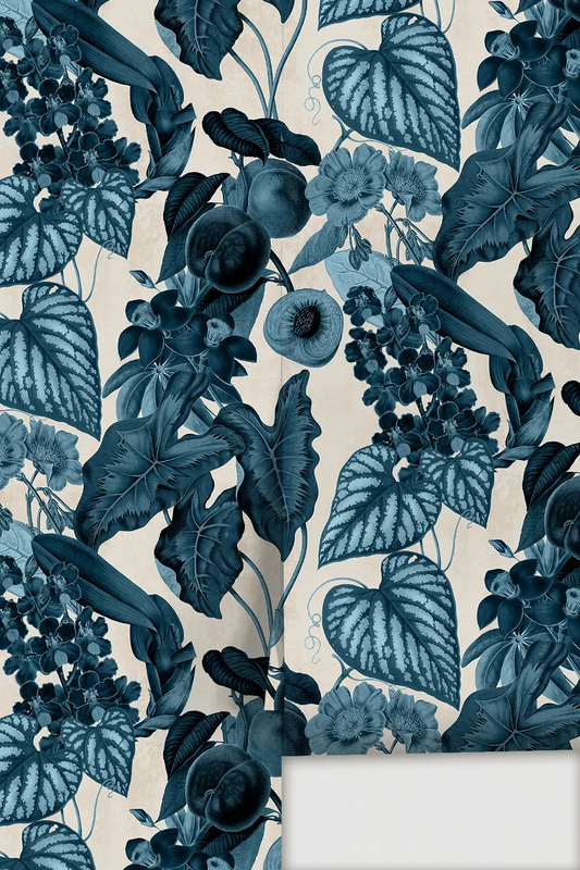 Cali Tropicale wallpaper blue leaf pattern on off-white background on Tampa Home & Garden Store