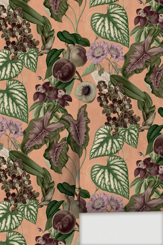 Cali Tropicale Wallpaper peach and green botanical pattern by Samantha Santana Creative on Tampa Home & Garden Store
