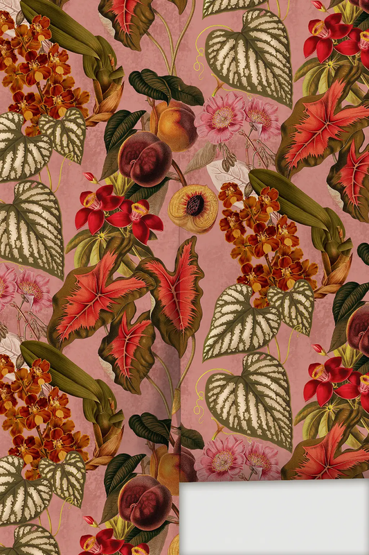 Cali Tropicale wallpaper pink vintage botanical with bold tropical leaves and blossoms on Tampa Home & Garden Store