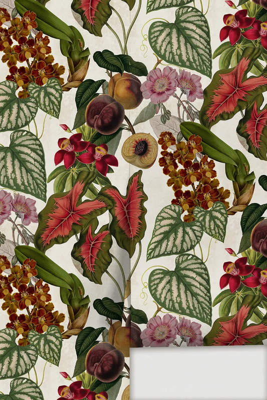Cali Tropicale wallpaper off-white botanical with bold green-veined leaves and pink blossoms on Tampa Home & Garden Store