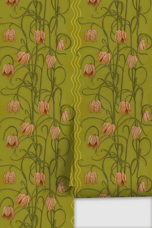 Campanas Wallpaper chartreuse and orange with bell-shaped flowers and curling vines, two-panel on Tampa Home & Garden Store