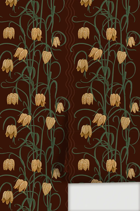 Campanas Wallpaper chocolate and goldenrod with green vines and yellow bell flowers on Tampa Home & Garden Store