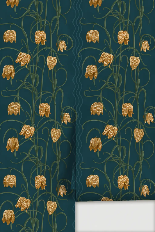 Campanas wallpaper with dark blue background and goldenrod florals by Samantha Santana Creative on Tampa Home & Garden Store