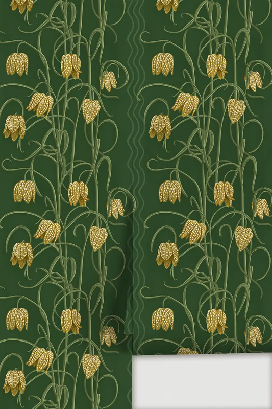 Campanas wallpaper dark green with gold ochre bell flowers and vines on Tampa Home & Garden Store