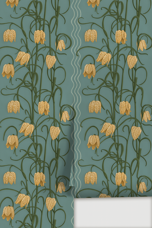 Campanas Wallpaper, dusty blue and marigold - Tampa Home & Garden Store