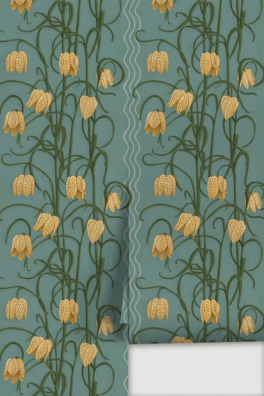 Campanas Wallpaper dusty blue background with yellow marigold bells and green vines on Tampa Home & Garden Store