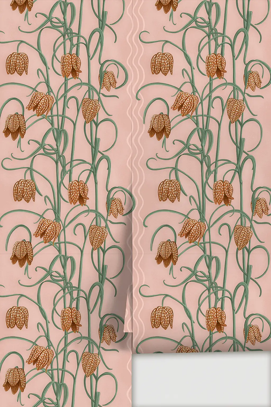 Campanas Wallpaper dusty pink background with orange bell flowers and green vines on Tampa Home & Garden Store