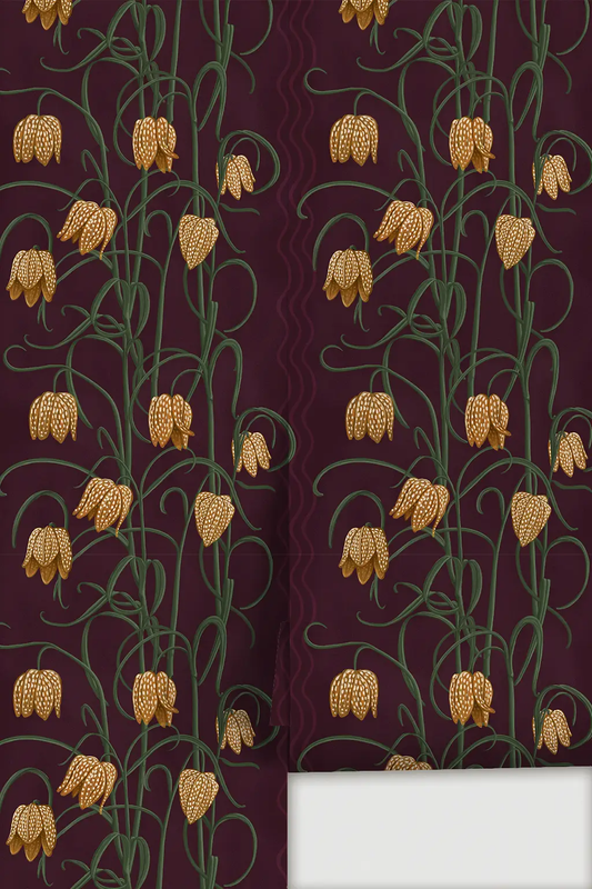 Campanas Wallpaper eggplant and toffee botanical pattern with yellow bells on Tampa Home & Garden Store