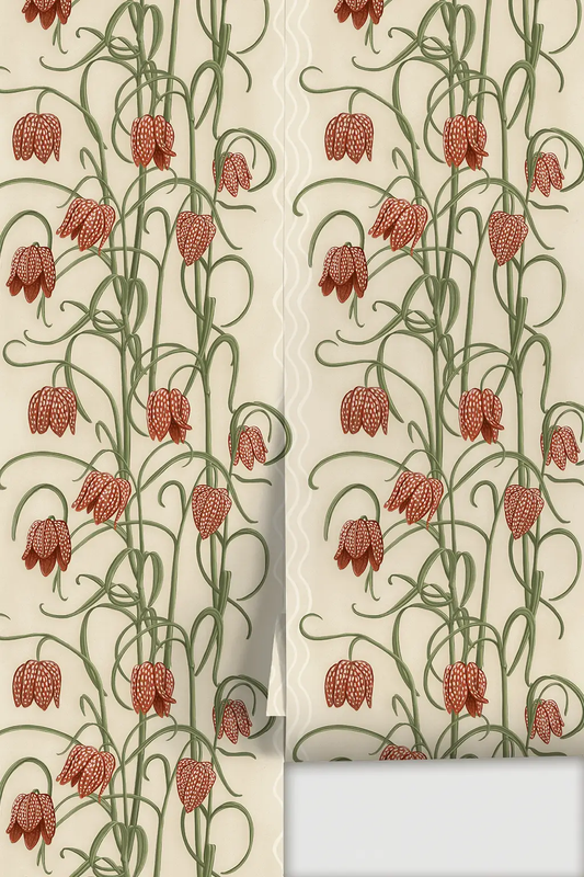 Campanas wallpaper beige with green stems and burnt orange bellflowers, twin-panel floral design on Tampa Home & Garden Store
