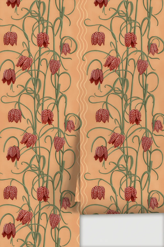 Campanas Wallpaper Peach and Rust Tones with peach backdrop, green stems and red bellflowers, two panels on Tampa Home & Garden Store
