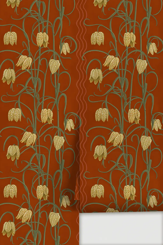 Campanas Wallpaper rust and yellow botanical pattern with green stems on Tampa Home & Garden Store