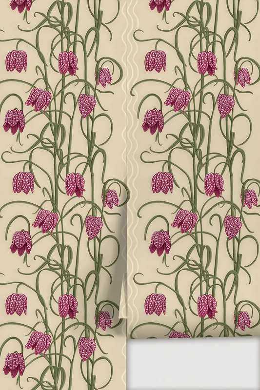 Campanas wallpaper tan with magenta bellflowers and green vines Samantha Santana Creative on Tampa Home & Garden Store