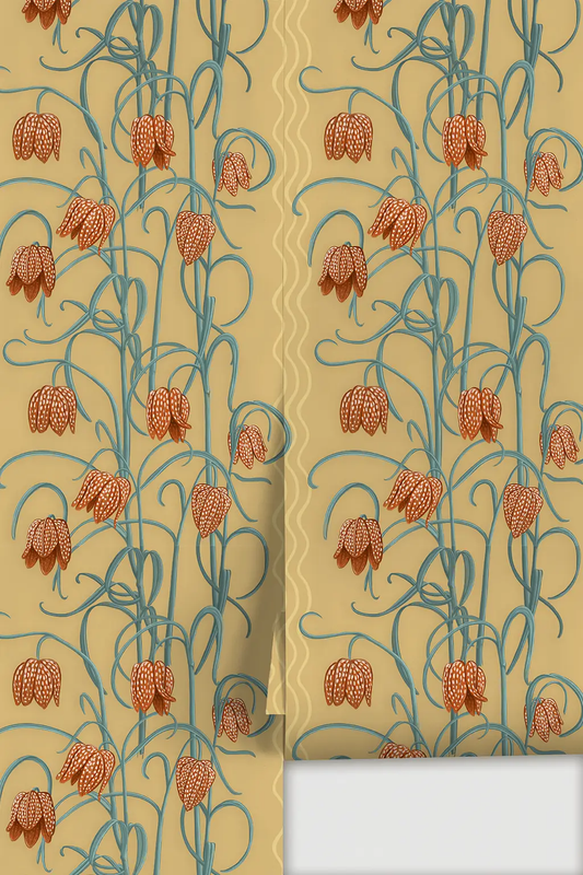 Campanas Wallpaper butter yellow and slate blue floral pattern with teal vines on Tampa Home & Garden Store