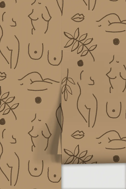 Wallpaper Neutral Nudes Coco beige with abstract line-drawn nude figures and leaves on Tampa Home & Garden Store