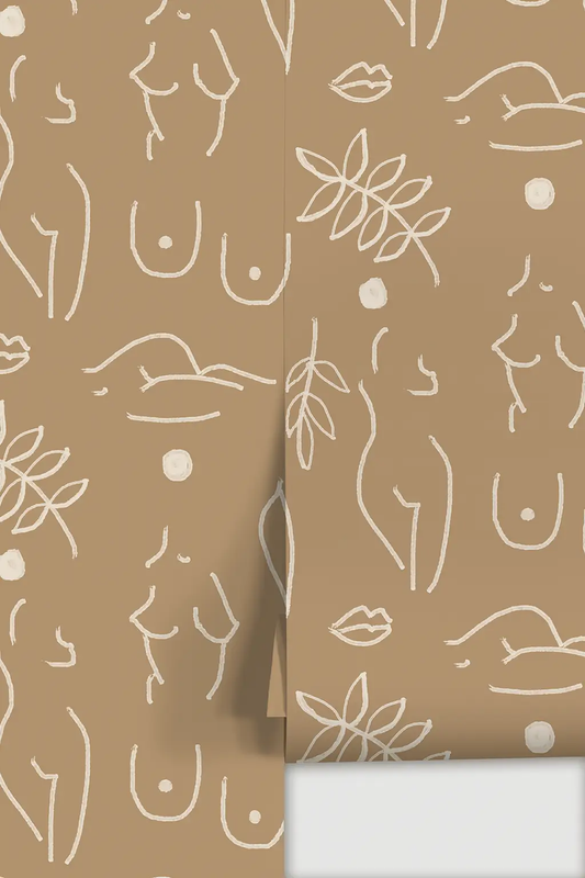 Wallpaper Neutral Nudes Coco and White with abstract nude line art and leaf motifs on Tampa Home & Garden Store