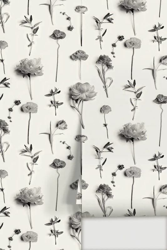 Fresh to Death Wallpaper floral pattern in grayscale with delicate blossoms on Tampa Home & Garden Store