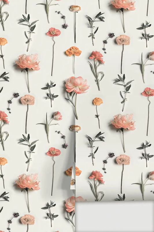 Fresh to Death Wallpaper muted peach blooms and grey-green stems on ivory background on Tampa Home & Garden Store