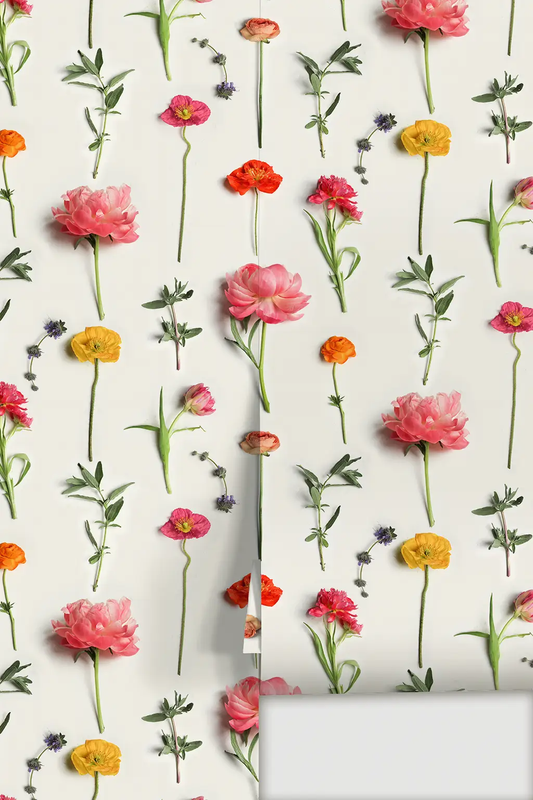 Fresh To Death Floral Wallpaper with pink peonies, yellow and orange blooms on pale background on Tampa Home & Garden Store