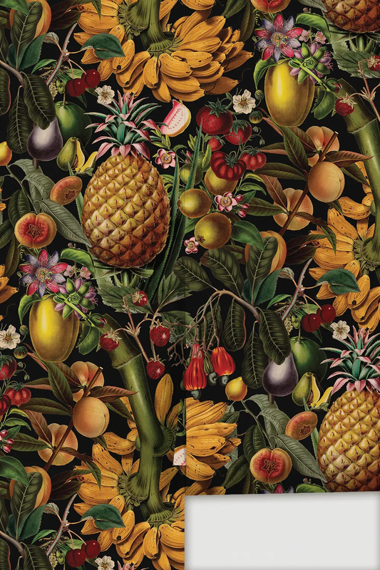 Juicy Fruit Wallpaper black botanical print by Samantha Santana Creative tropical fruit motifs on Tampa Home & Garden Store