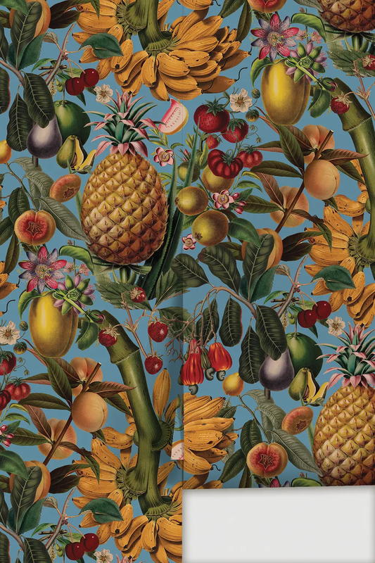 Wallpaper Juicy Fruit Blue Botanical Illustration with pineapples and tropical foliage on blue on Tampa Home & Garden Store