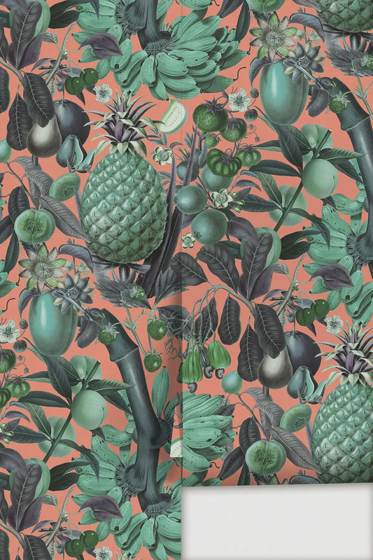 Juicy Fruit wallpaper in coral and teal with tropical fruit motifs by Samantha Santana Creative on Tampa Home & Garden Store
