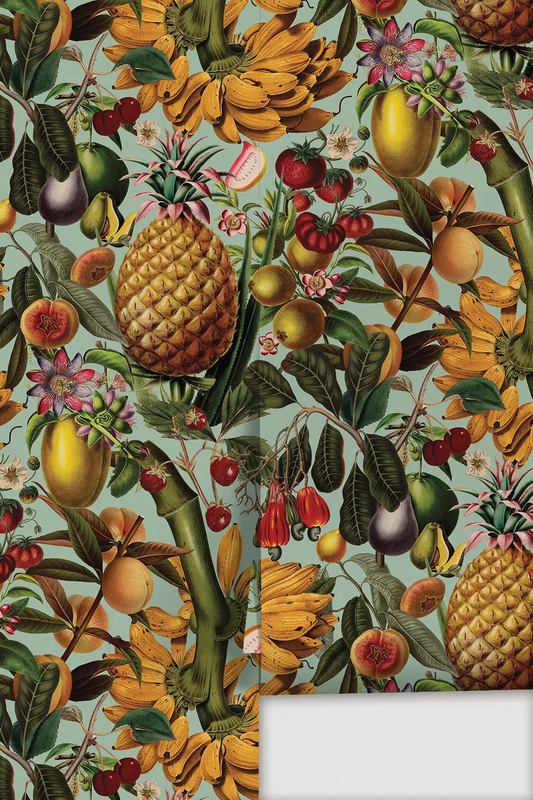 Wallpaper Juicy Fruit Mint with tropical fruit motif by Samantha Santana Creative on Tampa Home & Garden Store