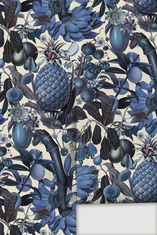 Wallpaper Juicy Fruit pattern in white and blue with tropical fruits and leaves on Tampa Home & Garden Store
