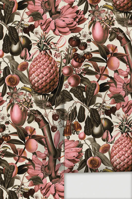 Juicy Fruit Wallpaper White Pink by Samantha Santana Creative, pink pineapples on cream background on Tampa Home & Garden Store