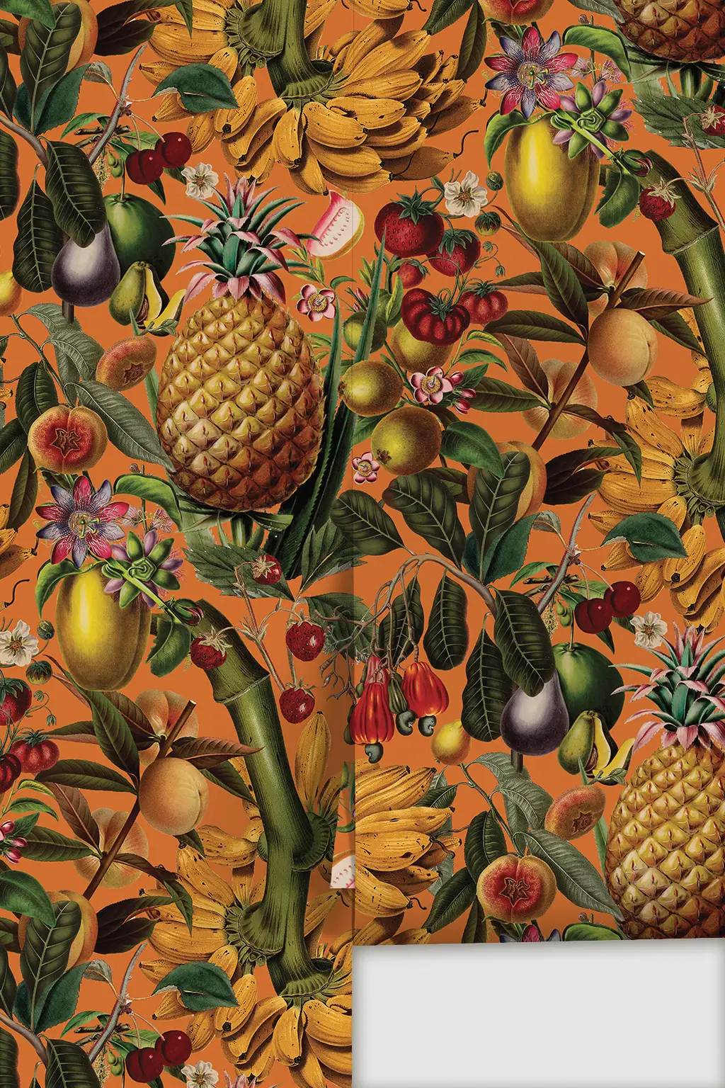 Juicy Fruit Botanical Wallpaper in Vintage Orange with tropical fruit motif on orange background on Tampa Home & Garden Store