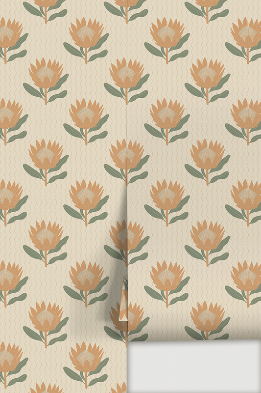 King Protea Wallpaper, neutral and apricot - Tampa Home & Garden Store