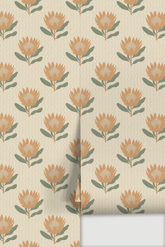 King Protea wallpaper in neutral apricot with green leaves, floral by Samantha Santana on Tampa Home & Garden Store