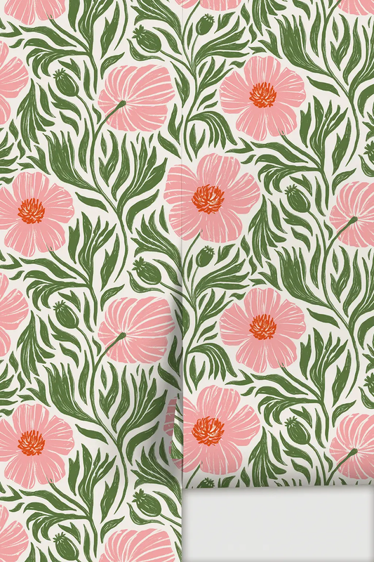 Matilija wallpaper white pink and green with bold floral stems pattern, two-panel display on Tampa Home & Garden Store