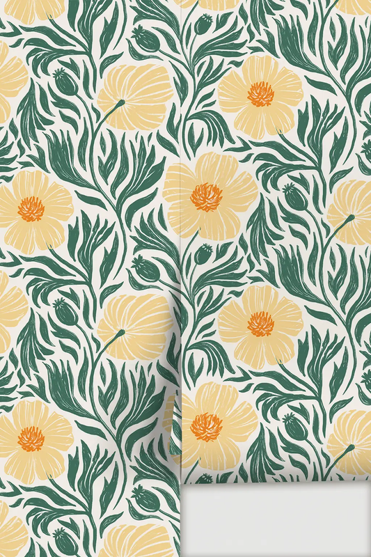 Matilija wallpaper with white background, teal stems and peach flowers by Samantha Santana Creative on Tampa Home & Garden Store