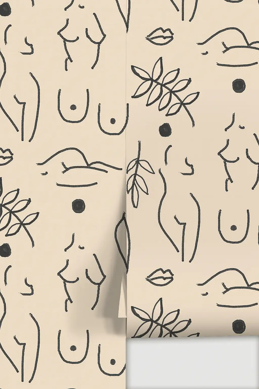 Neutral Nudes Wallpaper black line art on beige botanicals Samantha Santana Creative on Tampa Home & Garden Store