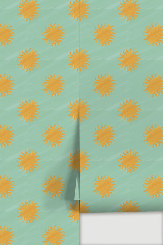 Sol wallpaper mint and yellow sunburst pattern on mint background on Tampa Home & Garden Store
