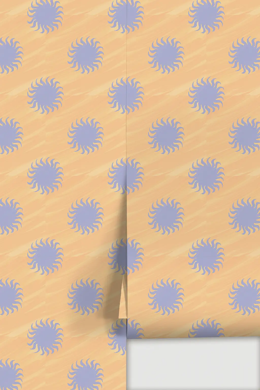 Sol wallpaper peach and lavender with sunburst motifs on peach background Samantha Santana on Tampa Home & Garden Store