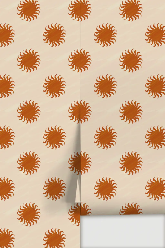 Sol Wallpaper tan and rust by Samantha Santana Creative with beige background and sunbursts on Tampa Home & Garden Store