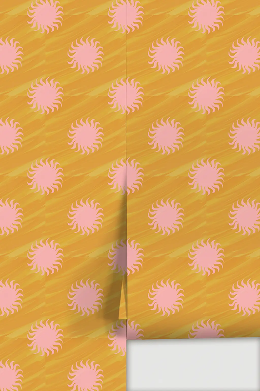Sol Wallpaper Yellow and Pink wallpaper with pink sunburst motifs by Samantha Santana Creative on Tampa Home & Garden Store
