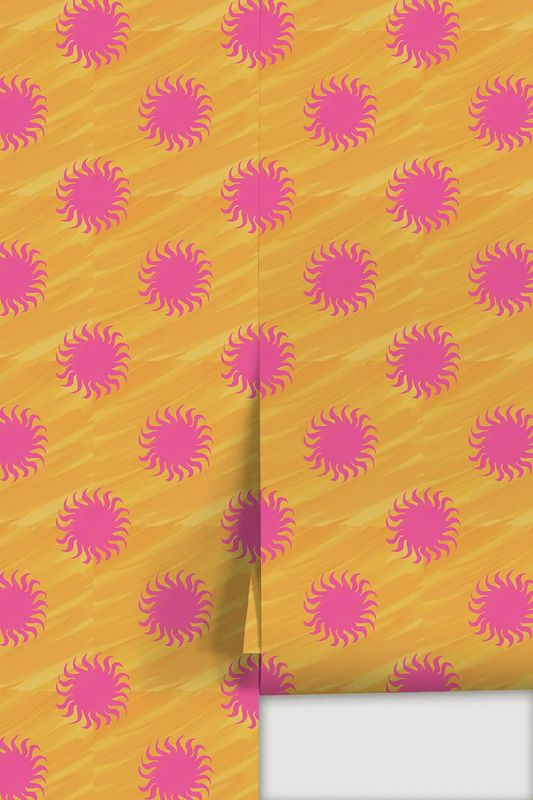 Sol Wallpaper Yellow and Pink by Samantha Santana Creative sunburst pink motifs on yellow on Tampa Home & Garden Store