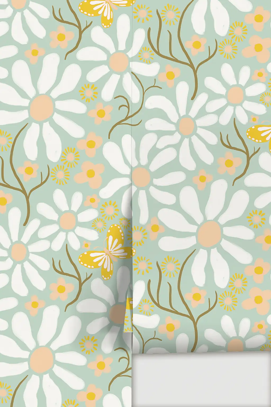 Spring Daze Mint Wallpaper with Daisies; mint backdrop, white daisies, peach centers on Tampa Home & Garden Store