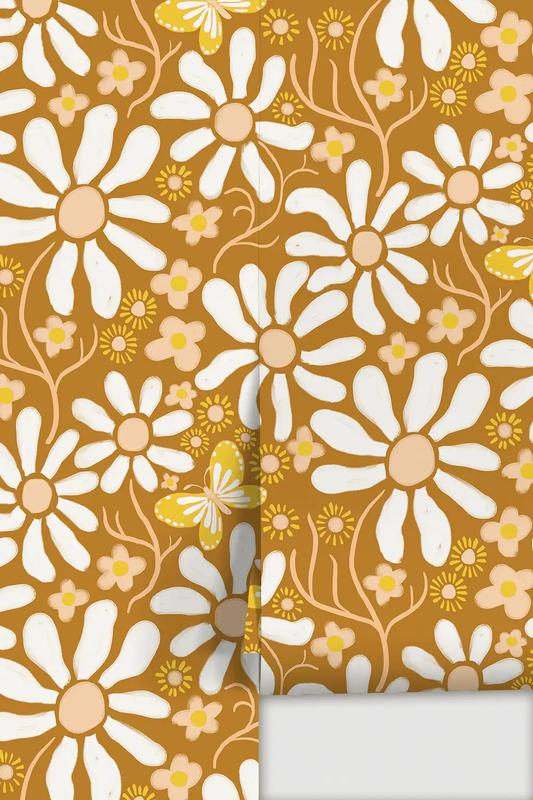 Spring Daze Wallpaper in rust tones with white daisies and peach centers by Samantha Santana on Tampa Home & Garden Store