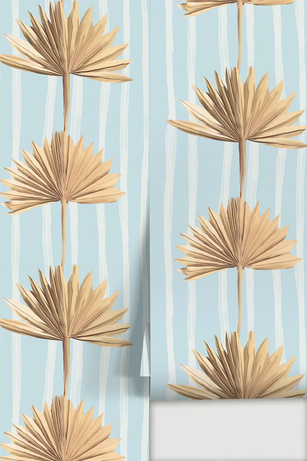 Wallpaper Stripey Palm in Blue Desert Vibes with beige palm fronds on blue striped background on Tampa Home & Garden Store