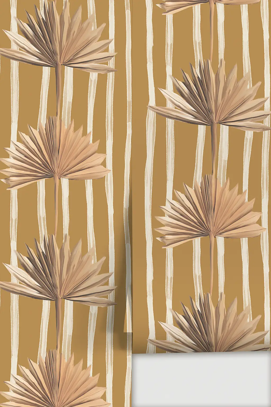 Stripey Palm Wallpaper mustard with beige palm fronds on cream striped background on Tampa Home & Garden Store