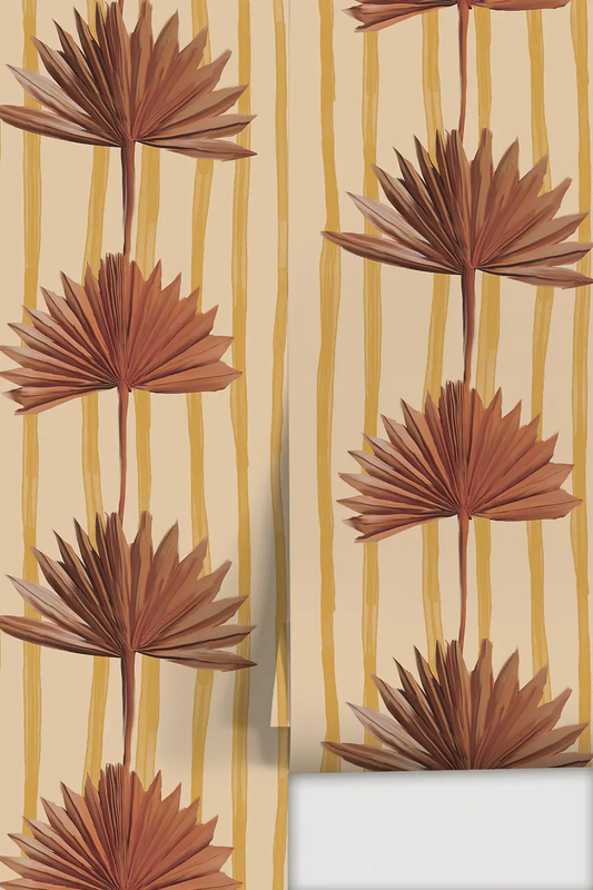 Stripey Palm Wallpaper nude mustard and rust with vertical beige palm leaf motifs on Tampa Home & Garden Store