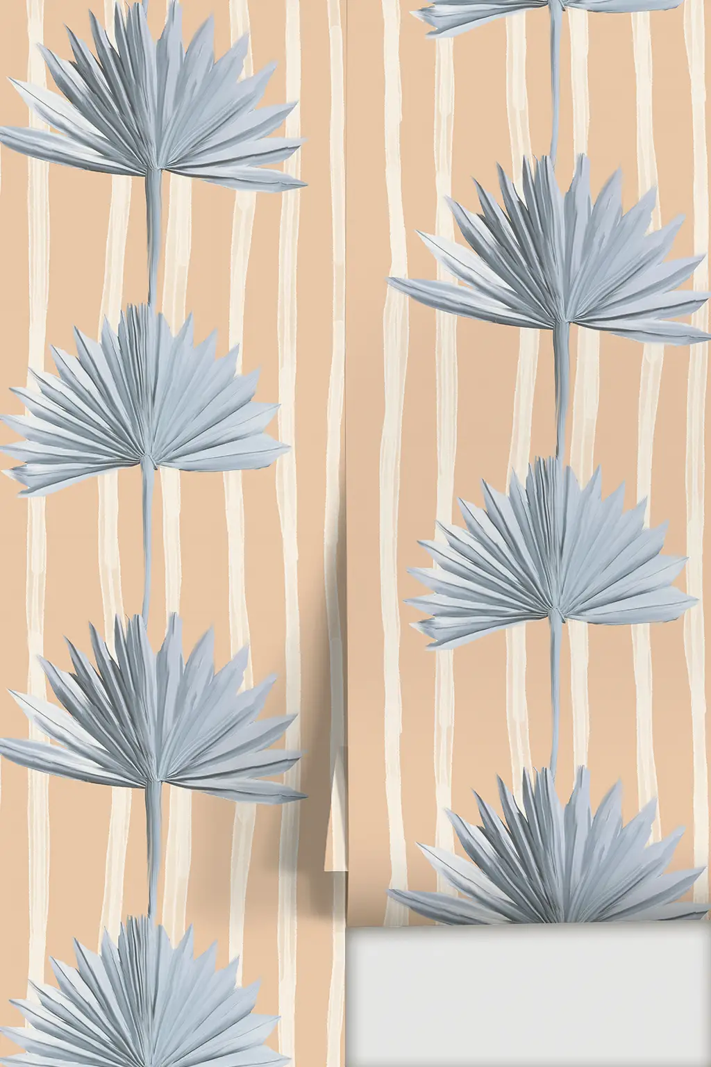 Stripey Palm Wallpaper with peach backdrop, blue palm fronds and beige vertical stripes on Tampa Home & Garden Store
