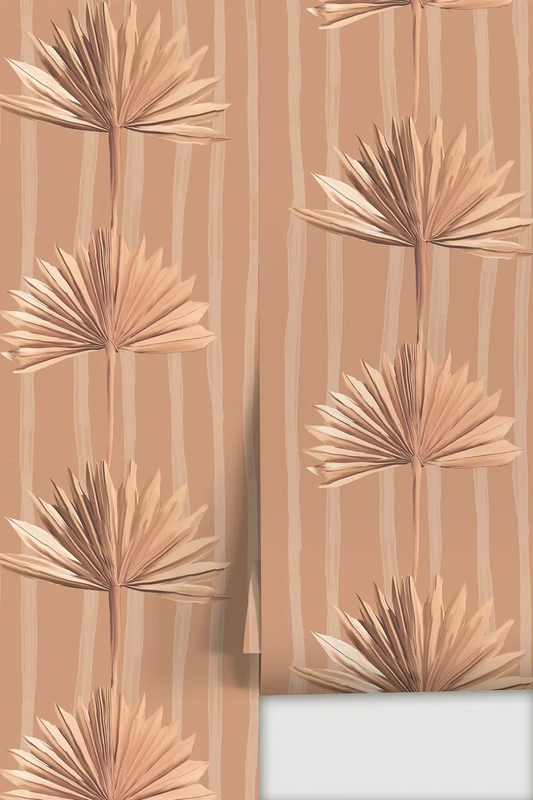 Stripey Palm Wallpaper Terra Cotta pattern with tan palm fronds and vertical stripes on Tampa Home & Garden Store
