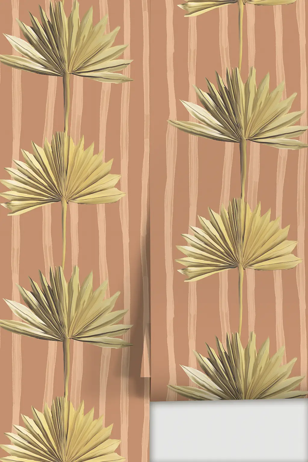 Stripey Palm wallpaper in terra cotta and yellow with palm fronds on Tampa Home & Garden Store