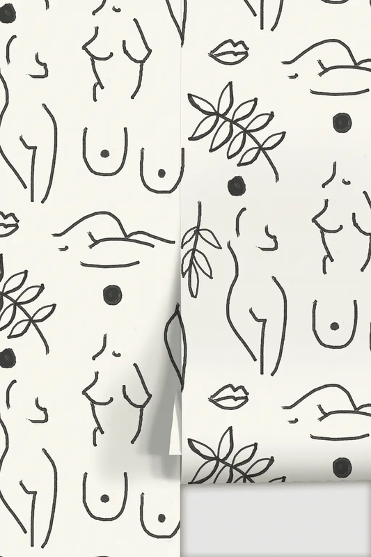 Wallpaper Neutral Nudes abstract line-art with black nude figures and leaves on white background on Tampa Home & Garden Store