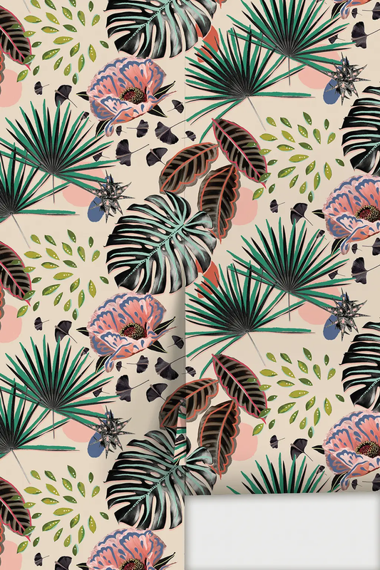 Floral Pop Wallpaper Peel and Stick with tropical leaf and pink flower pattern on beige background on Tampa Home & Garden Store